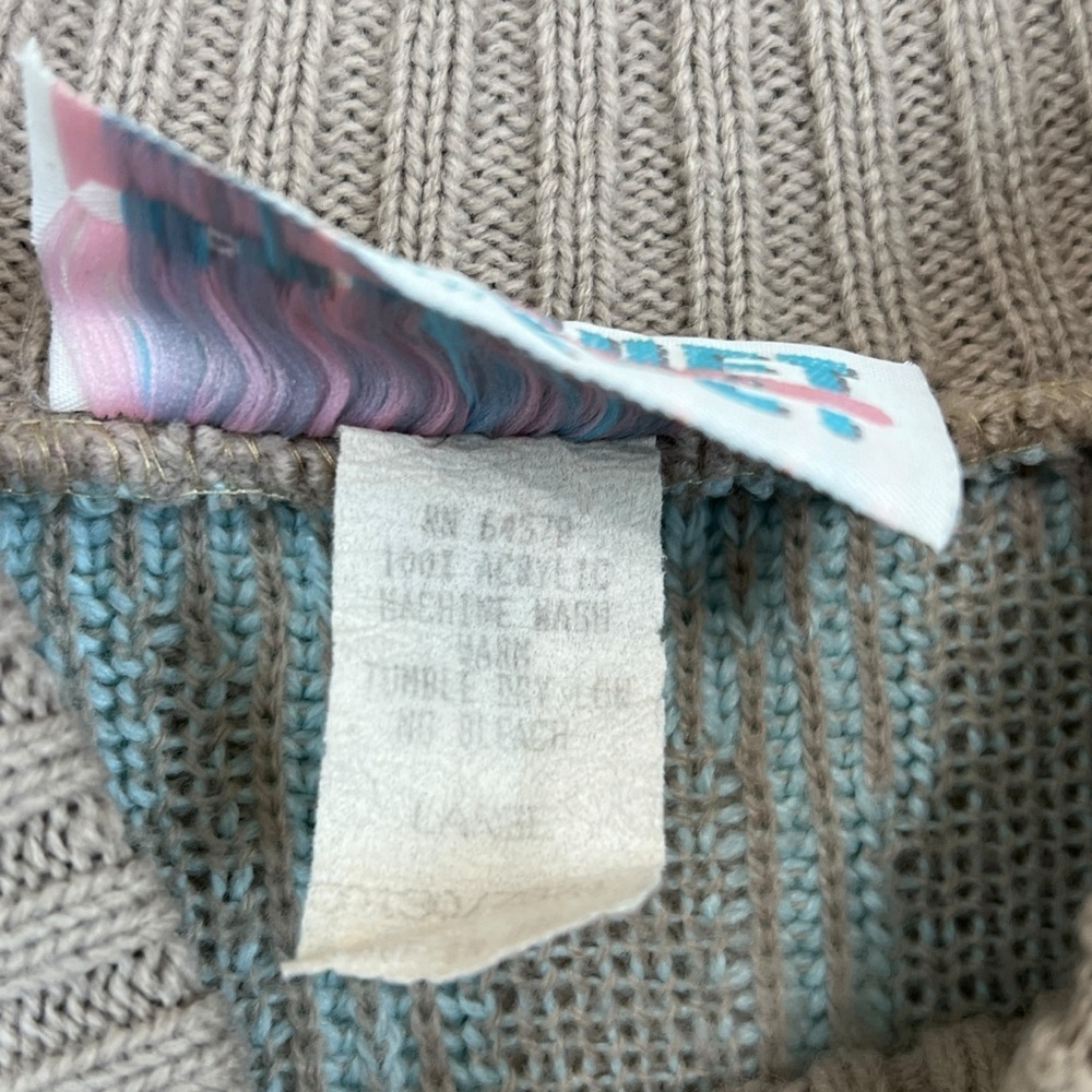 Vintage 80s Croquet Club Women's Abstract Knit Sweater Pink Blue Gold Size Large - Picture 5 of 6